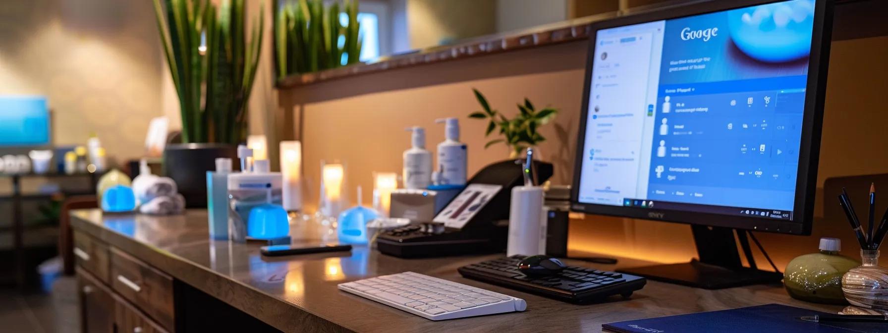 a busy medical spa reception desk with a computer open to the google my business platform, showcasing a vibrant online community engagement through promotions and client reviews. a busy medical spa reception desk with a computer open to the google my business platform, showcasing a vibrant online community engagement through promotions and client reviews.