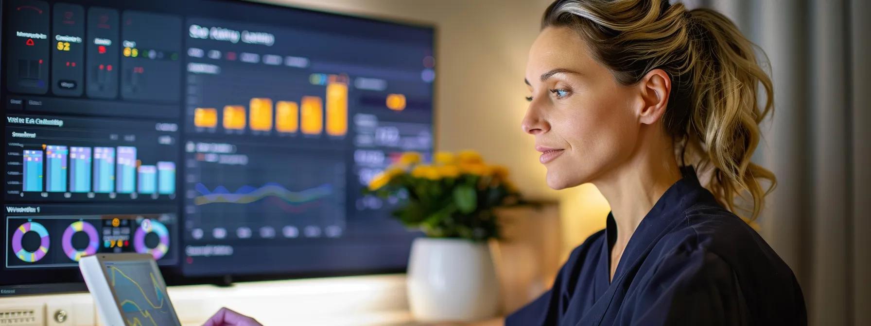 a focused spa manager analyzing a digital dashboard on a computer screen, displaying various performance metrics and customer engagement data. a focused spa manager analyzing a digital dashboard on a computer screen, displaying various performance metrics and customer engagement data.