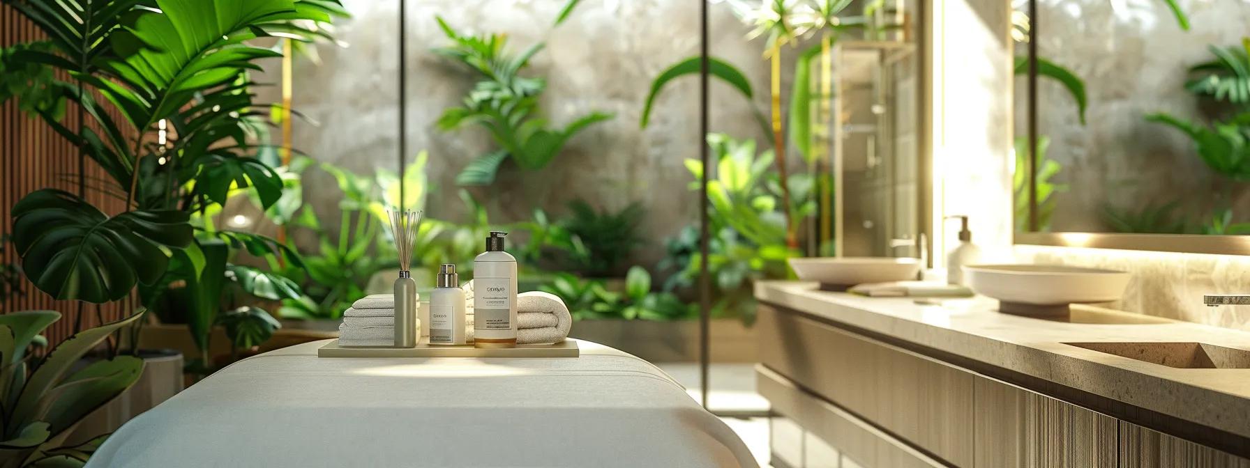 a serene med spa room bathed in soft, natural light, featuring elegant treatment tools and lush greenery to evoke a sense of safety and wellness.