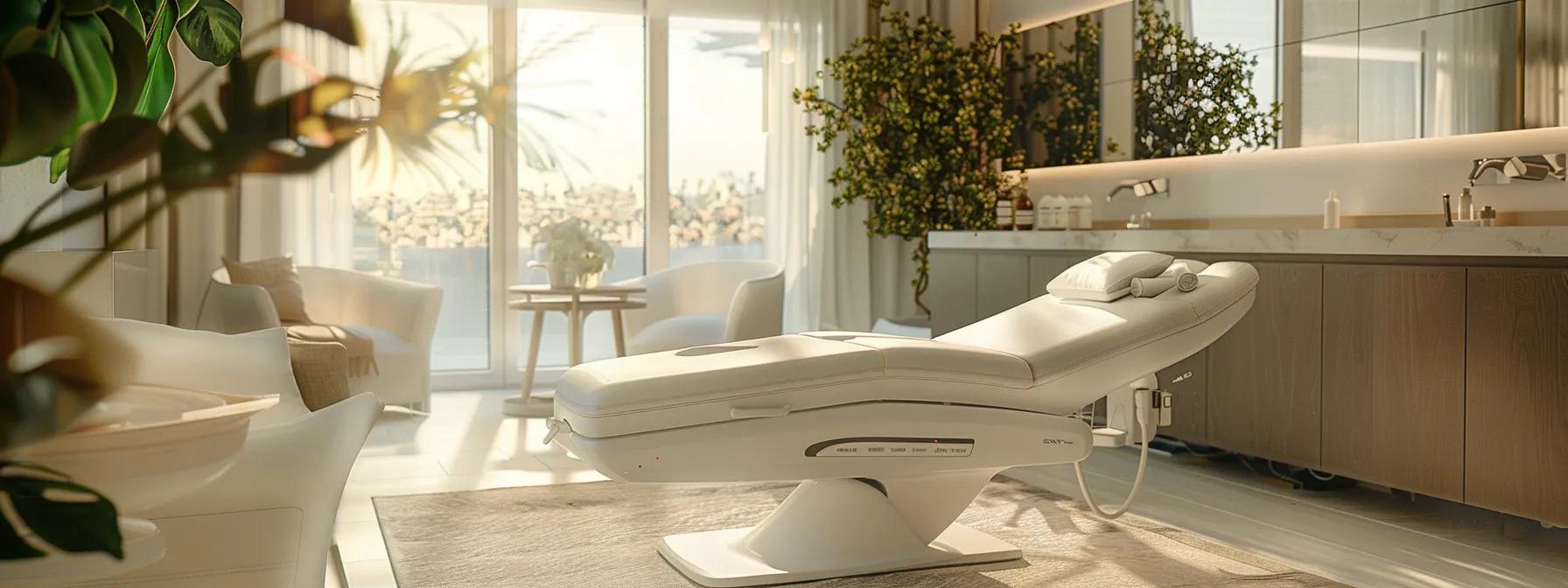 a sleek, modern med spa interior gleams with state-of-the-art equipment, complemented by serene, calming decor that invites innovation and trust.