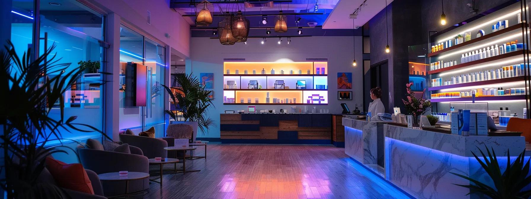 vibrantly lit medical spa with a prominent google my business profile displayed on a large digital screen, surrounded by engaged customers and local advertising materials. vibrantly lit medical spa with a prominent google my business profile displayed on a large digital screen, surrounded by engaged customers and local advertising materials.