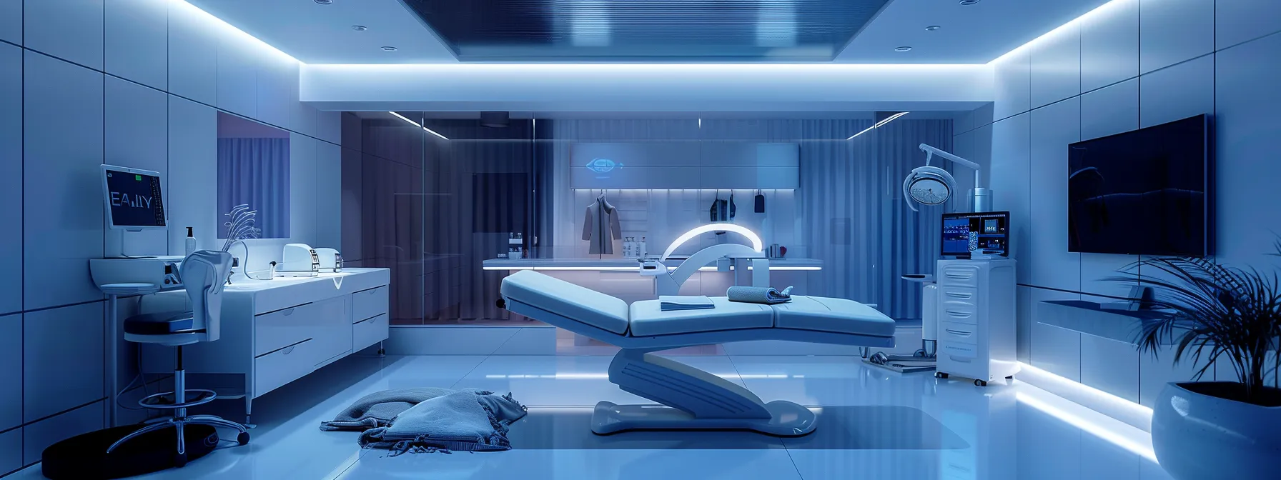 sleek, minimalist website layout with high-tech medical spa equipment and luxurious treatment rooms.