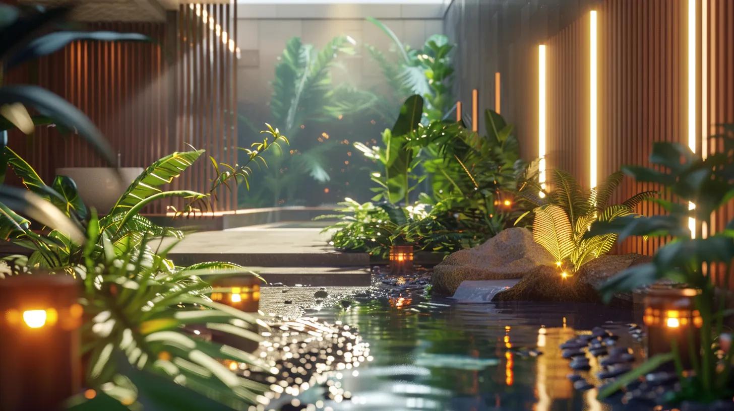 a luxurious spa environment, adorned with soft ambient lighting, tranquil water features, and lush greenery, inviting guests to unwind while a vibrant social media feed highlights client experiences on a sleek digital screen.