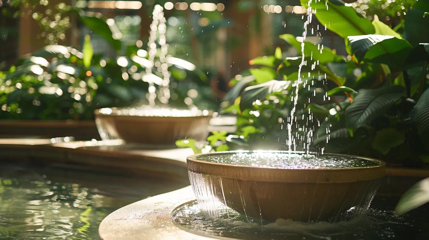 a serene spa setting bathed in soft, natural light, featuring tranquil water fountains surrounded by lush greenery, inviting a sense of relaxation and rejuvenation that captivates the viewer's attention.