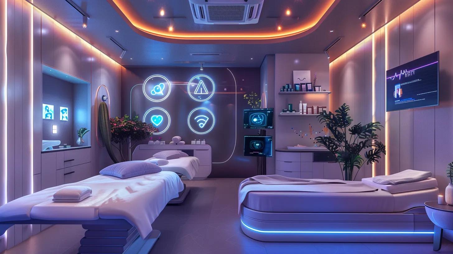 a vibrant and modern med spa environment featuring sleek treatment rooms, stylish decor, and social media icons subtly integrated into the design, illuminated by soft, inviting lighting.
